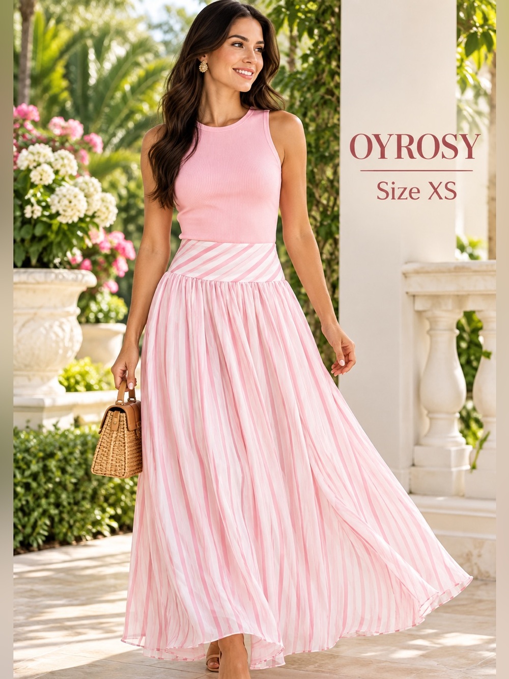 NWT OYROSY Pink White Striped Chiffon Flowy Maxi Skirt XS